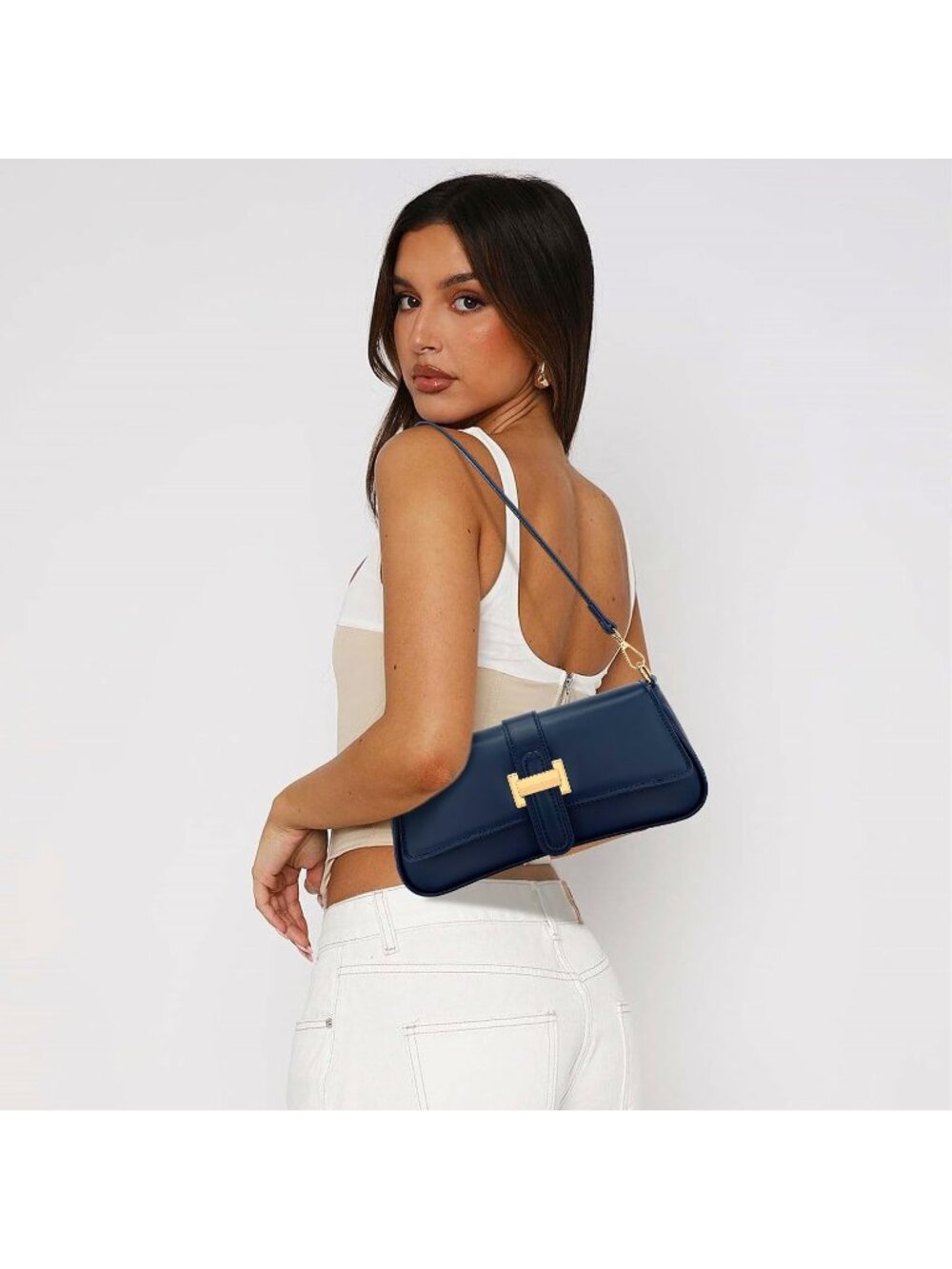 〽️Women's Dark Blue Small Hobo Vegan Leather Retro Zipper Clutch Crossbody Bags - Picture 2 of 6